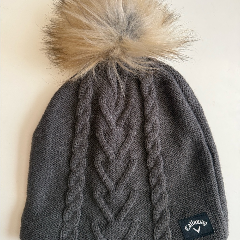 Callaway Odyssey Charcoal Cable Knit Beanie Hat with Faux Fur Pom